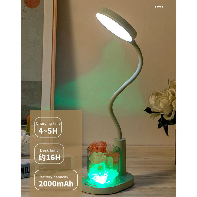 Lampă modernă de cristal cu sare de piatră Lampă de masă cu reglaj RGB Lumină de noapte, reîncărcabilă prin USB, lampă de birou cu protecție a ochilor pentru aromaterapie cu anioni