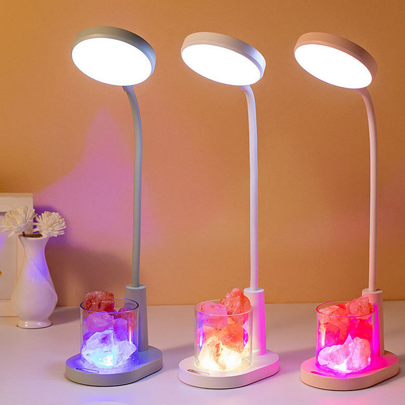 Lampă modernă de cristal cu sare de piatră Lampă de masă cu reglaj RGB Lumină de noapte, reîncărcabilă prin USB, lampă de birou cu protecție a ochilor pentru aromaterapie cu anioni