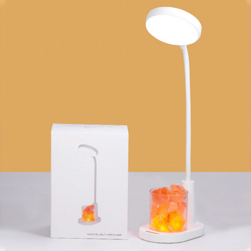 Lampă modernă de cristal cu sare de piatră Lampă de masă cu reglaj RGB Lumină de noapte, reîncărcabilă prin USB, lampă de birou cu protecție a ochilor pentru aromaterapie cu anioni