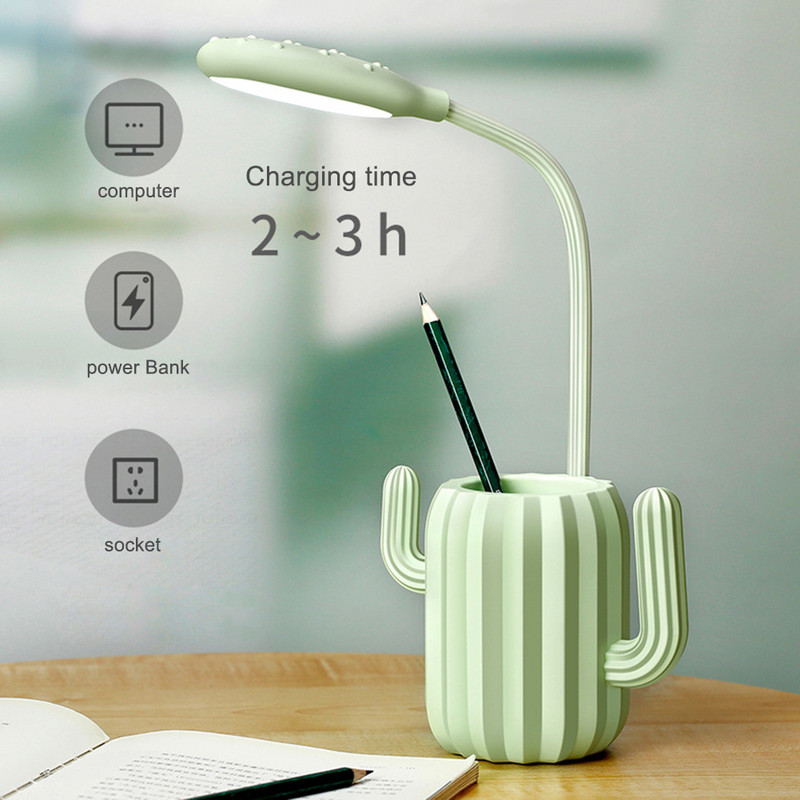 Lampă de masă cu suport pentru stilou cactus, cu LED pentru protecția ochilor, lampă de lectură reîncărcabilă, drăguț pentru copii la atingere, noptieră