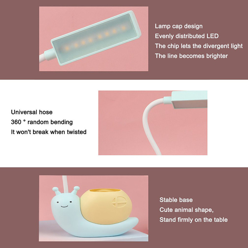Gyerek asztali lámpa tolltartóval, Snail Cute LED asztali lámpa Natrue Light, USB Recharge kis éjjeli lámpa, LED olvasólámpa