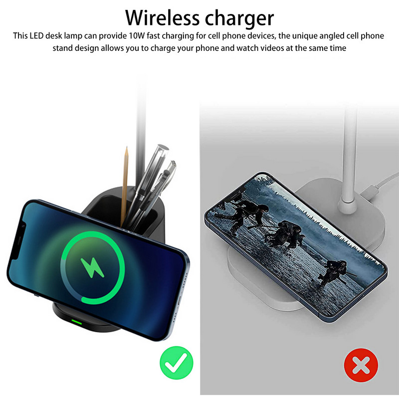 Lumină de birou reglabilă Încărcător fără fir și suport pentru stilou Lampă de masă cu gât de gâscă flexibilă 3 culori deschise Lămpi de noapte cu control tactil