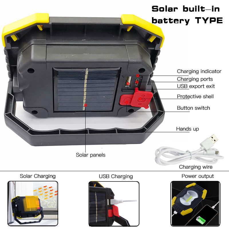 Lumină de lucru cu LED-uri de 100 W, reîncărcabilă prin USB, cu energie solară, cu LED-uri, cu baterie încorporată, lanternă, lanternă, lampă de camping în aer liber