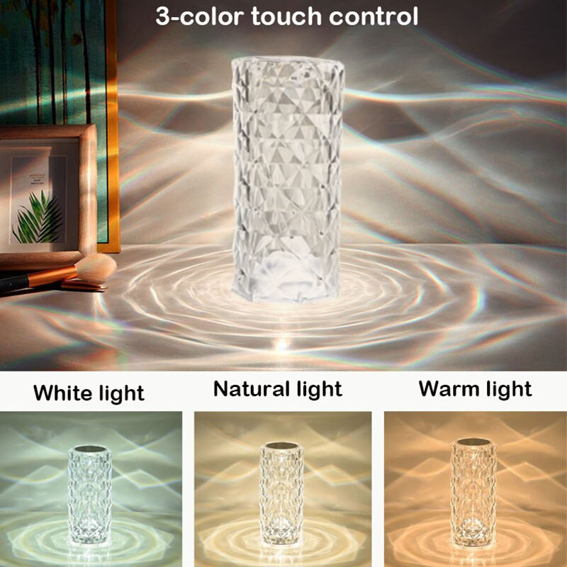 3 culori TouchRemote Diamond Rose Lampă Cristal Masă Crăciun romantic USB LED Night Light Projector Atmosferă Reîncărcabil