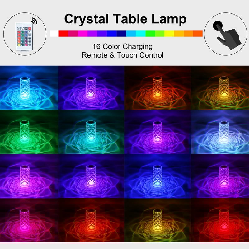 LED krištolinė stalinė lempa rožių šviesos projektorius prie lovos atmosferos apšvietimas 3/16 spalvų jutiklinis reguliuojamas naktinis žibintas deimantinis naktinis žibintas