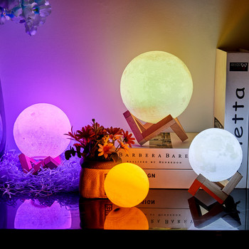 LED нощна лампа с 3D принт лунна лампа със стойка и смяна на цвета на батерията Декорация на спалнята лунна светлина за деца Подаръци lampara de Luna