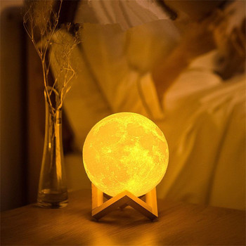 LED нощна лампа с 3D принт лунна лампа със стойка и смяна на цвета на батерията Декорация на спалнята лунна светлина за деца Подаръци lampara de Luna