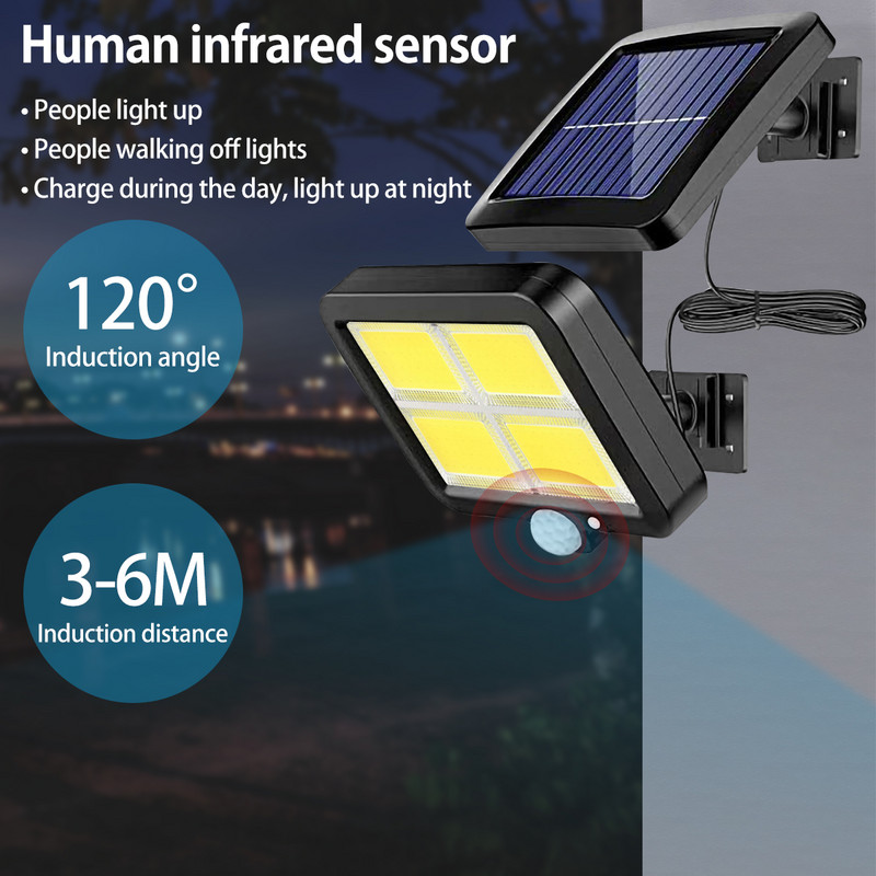 Dalītas saules gaismas diožu gaismas āra prožektors Saules gaismas kustības sensora plūdgaisma iekštelpu āra apgaismojums Saules drošības sienas gaisma