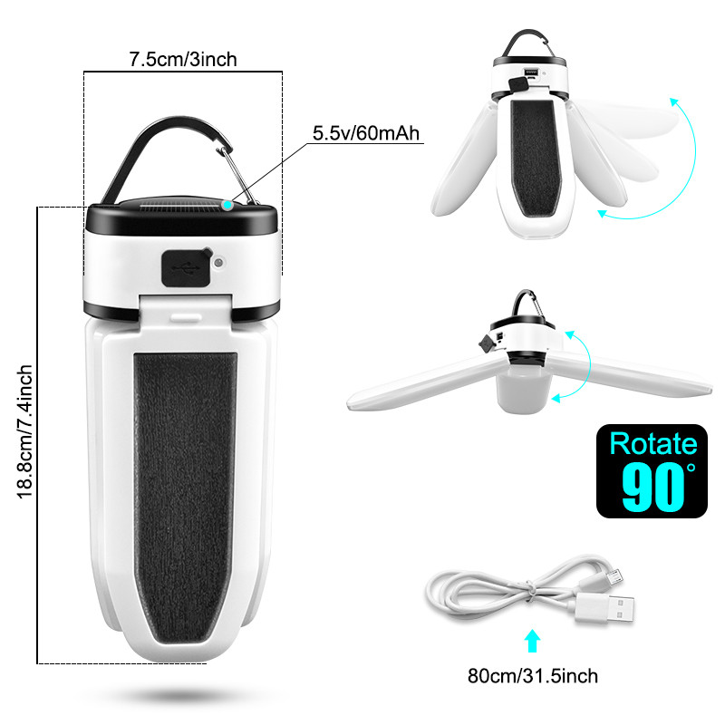 Lampă multifuncțională cu 3 frunze 60 LED-uri 5 moduri Lampă solară reîncărcabilă prin USB Lumină de camping în aer liber Iluminare rezistentă la apă