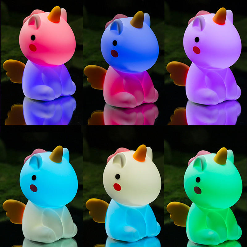Unicorn LED nakts gaisma krāsains silikona pieskāriena sensors RGB aptumšojošs gultas galda lampa bērniem bērniem rotaļlieta dāvana USB uzlādējama