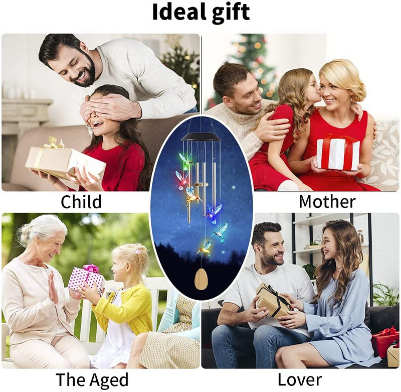 Energie solară care schimbă culoarea clopoțel eolian, pasăre colibri, fluture, rezistentă la apă, în aer liber, decorațiuni de Crăciun, pentru curte, grădină