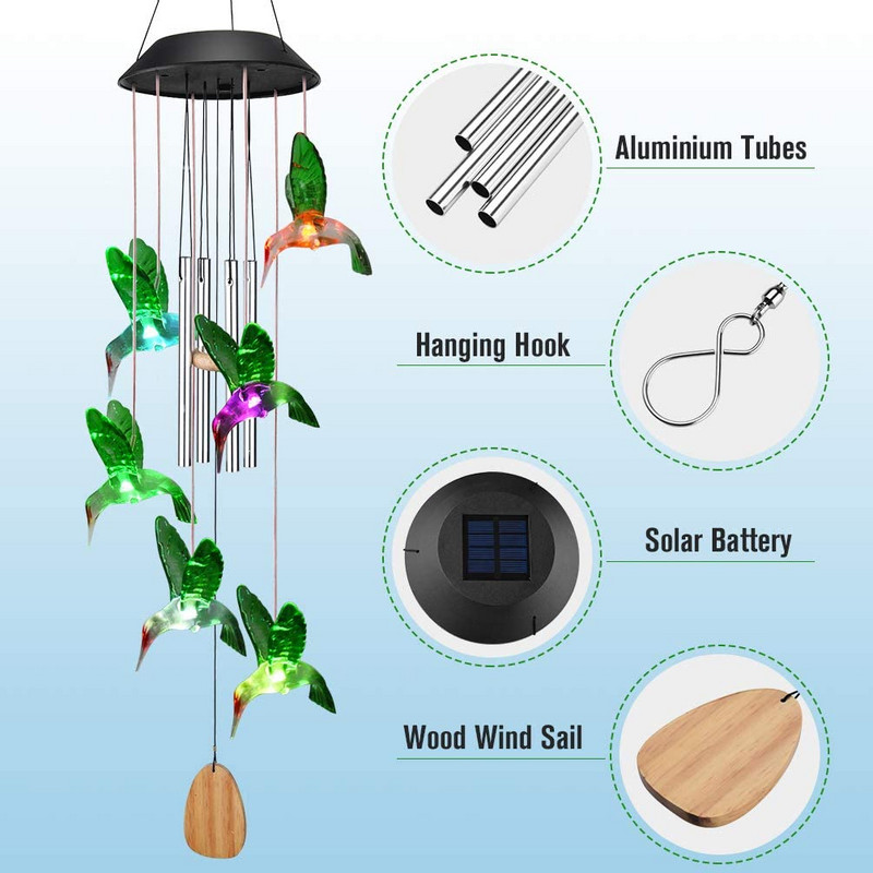 Energie solară care schimbă culoarea clopoțel eolian, pasăre colibri, fluture, rezistentă la apă, în aer liber, decorațiuni de Crăciun, pentru curte, grădină