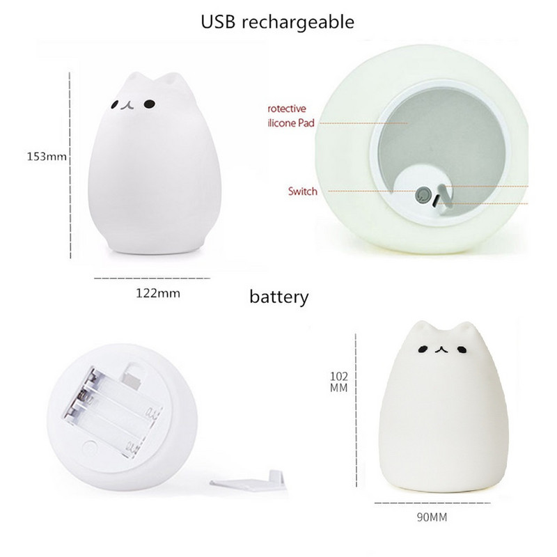 Nakts lampa USB Krāsains Silīcija Dzīvnieku Gaismas Kaķu Silīcija Pieskārienu Sensors LED Mīksts Elpojošs Multfilma Baby Cute