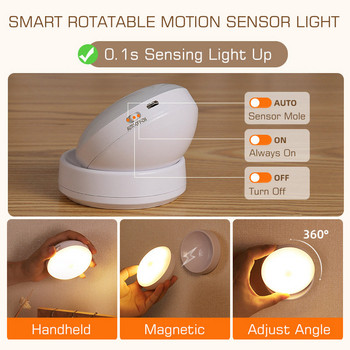Светлина със сензор за движение 360° Въртяща се нощна лампа Магнитна стенна лампа USB акумулаторна нощна лампа за стълбище Шкаф Коридор Спалня