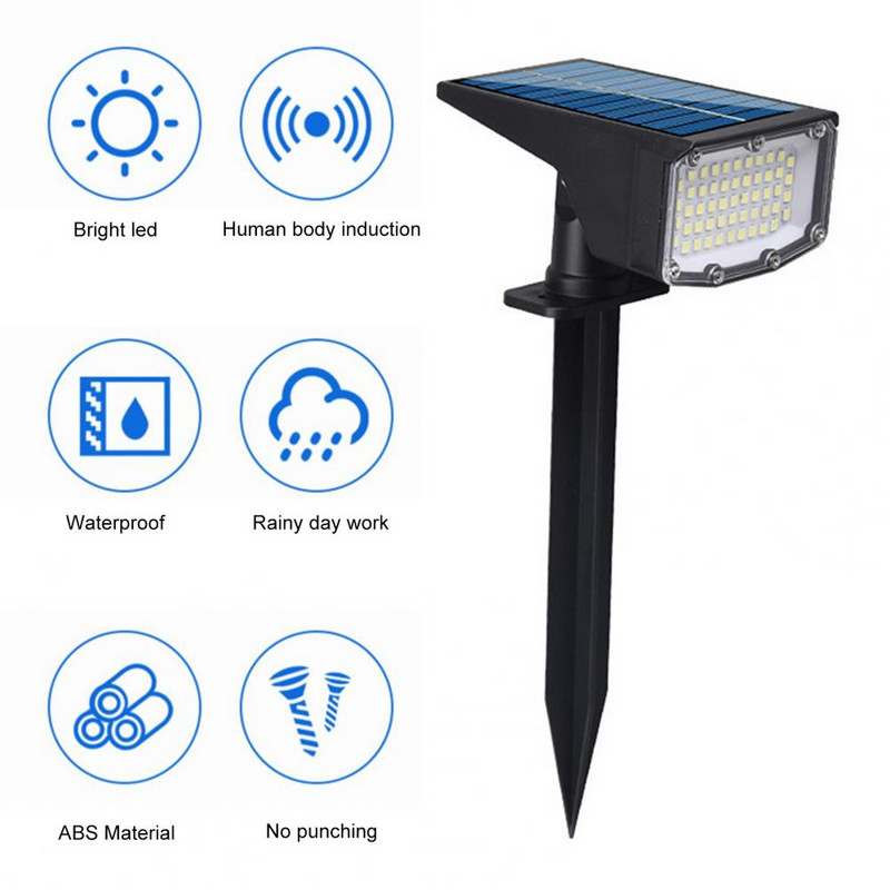 Lampă pentru gazon Senzor de mișcare practic Luminozitate reglabilă 53 LED-uri Spoturi solare pentru grădină Lumină pentru amenajare a teritoriului pentru curte