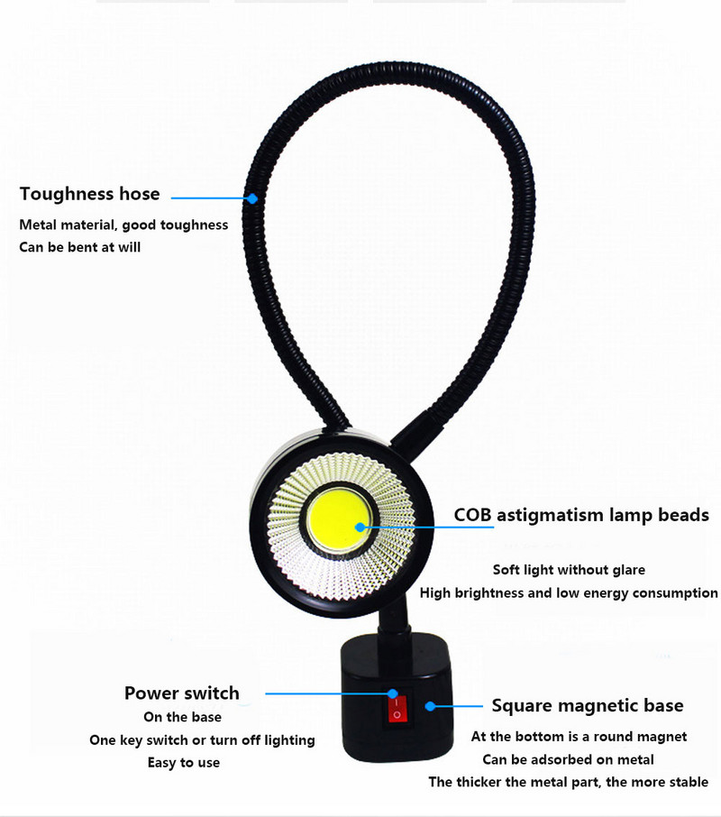 LED darbinis žibintas magnetinis pagrindas lanksti žąsies kaklelio lempa 220V 5W tekinimo frezavimo gręžimo preso pramoniniam apšvietimui