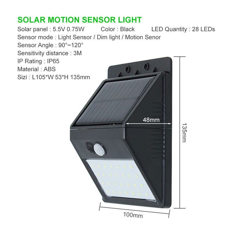 1 x szétválasztható kültéri 28 LED-es napelemes lámpa 3 üzemmódban, vízálló PIR mozgásérzékelős fali fehér lámpa otthoni kerthez, utcai udvarhoz