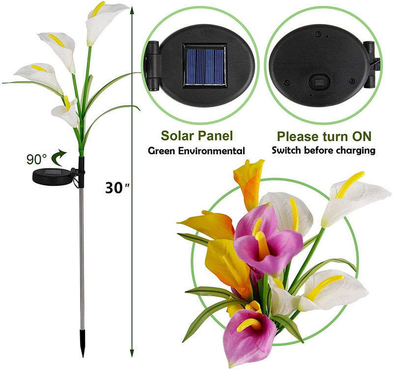 Lumini solare de gradina cu 4 capete Calla Lily 7 culori schimbatoare lumini exterioare pornire/oprire automata lumini de gazon flori de simulare impermeabila