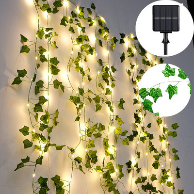 Solar Vine függöny lámpák kültéri vízálló borostyán fény LED mesterséges rattan zöld növényi dekoráció juharlevél füzér lámpa