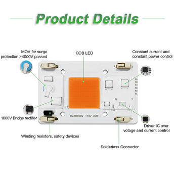 Без заваръчен терминал Персонализирано захранване AC110V 80W Пълен спектър COB LED чип за отглеждане на оранжерийни растения за разсад на цветя Светлина