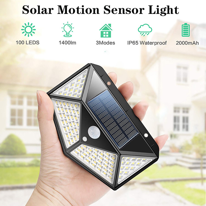 IP65 PIR liikumisanduri seinavalgusti 100 LED-i päikesevalgusti välimine päikesevalgusti veekindel aia siseõue tänavaõue kaunistamiseks