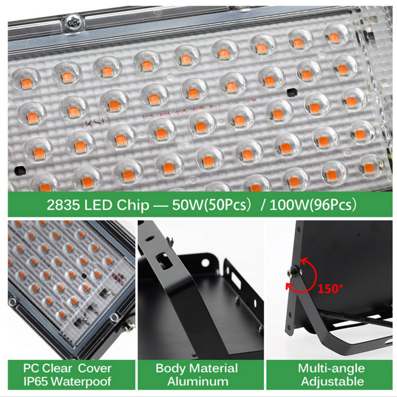 Lampă de creștere cu LED-uri cu spectru complet de 50 W și 100 W, cu priză UE și întrerupător, lampă fito IP65 pentru iluminatul de creștere a plantelor hidroponice cu efect de seră