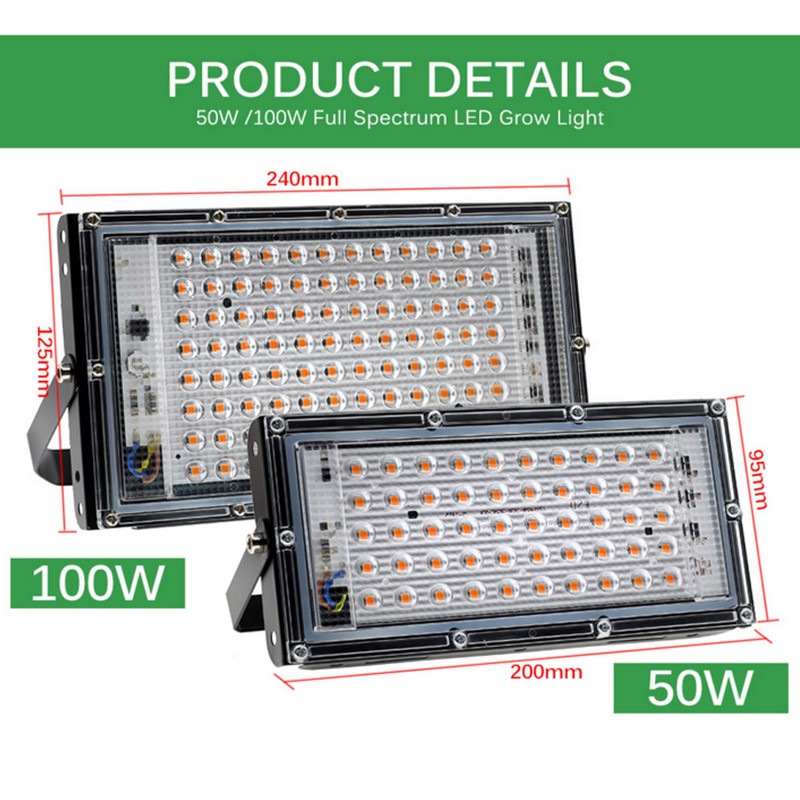 Lampă de creștere cu LED-uri cu spectru complet de 50 W și 100 W, cu priză UE și întrerupător, lampă fito IP65 pentru iluminatul de creștere a plantelor hidroponice cu efect de seră