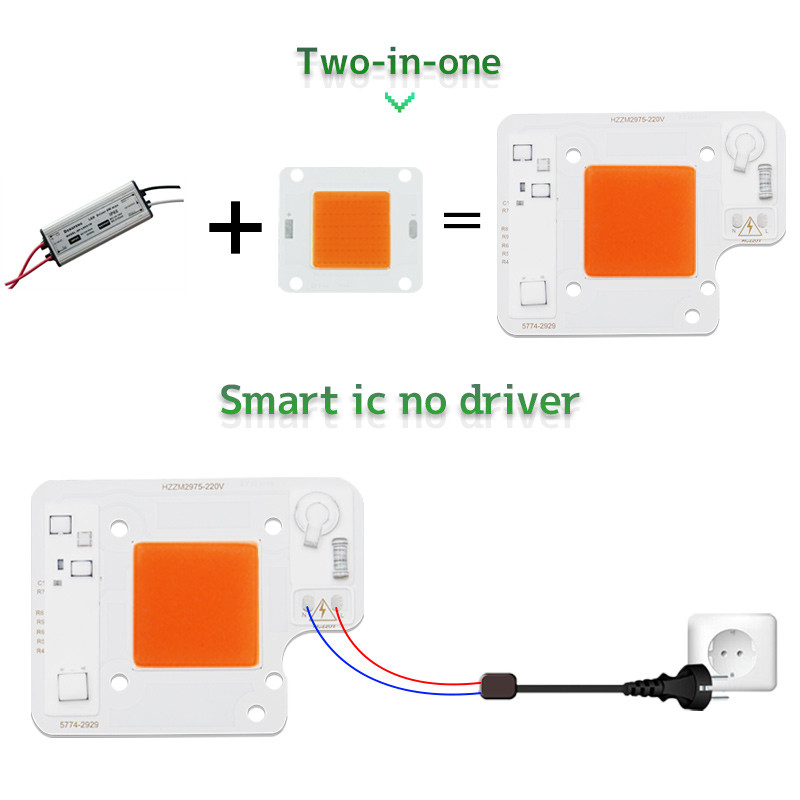Cip LED COB de 50W 110V 220V Dimensiune luminoasă 29X29mm Luminozitate mare spectru complet pentru exterior, interioare, răsaduri de plante hidroponice