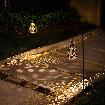 Слънчеви светлини Външен водоустойчив декоративен соларен градински фенер LED висяща лампа Метален материал за градина Издълбан дизайн