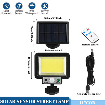 Lumină solară COB LED în aer liber Lumina soarelui Lampă de perete cu senzor de mișcare PIR impermeabilă Lampă de securitate stradală de urgență Decor pentru grădină