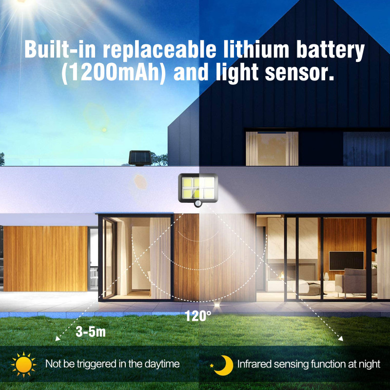 Lumină solară COB LED în aer liber Lumina soarelui Lampă de perete cu senzor de mișcare PIR impermeabilă Lampă de securitate stradală de urgență Decor pentru grădină