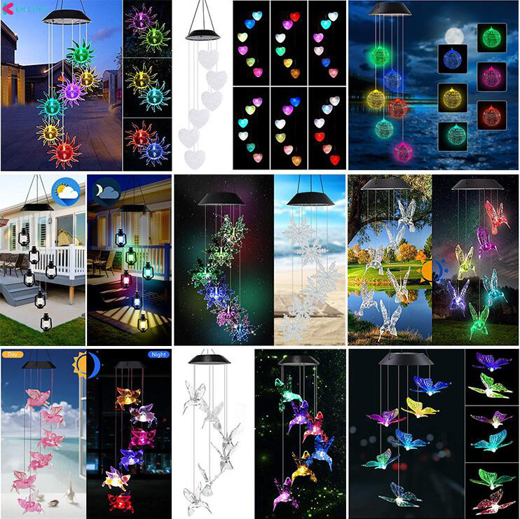 Värvimuutev päikeseenergia tuulekell koolibri ingel liblikas veekindel välikaunistustuli siseõue aia jaoks