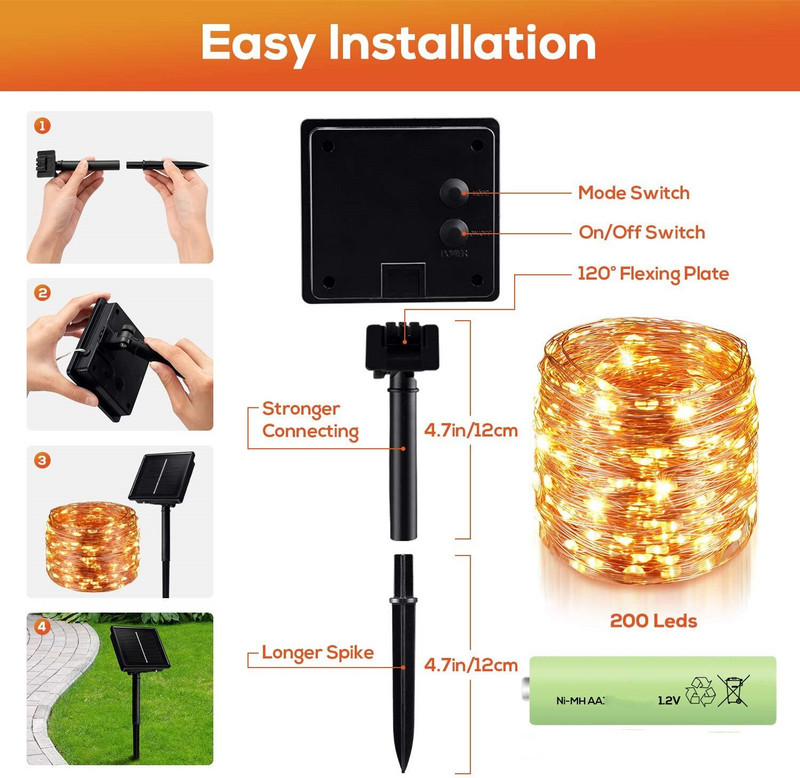 Päikesevalgusti välistingimustes veekindel 50/100/200/300 LED-lambinöör puhkuseks jõulupeoks Haldjavalgustid aiapärlik