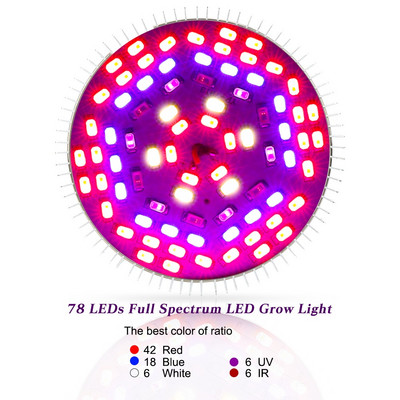 78 LED taime fütolamp 50 W kasvuvalgus täisspektriga sooja kasvu lambipirn lilleseemnete jaoks siseruumides kasvatamiseks