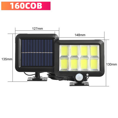 Päikeseenergia seinavalgustid välistingimustes veekindlad 160 COB päikese liikumisanduri lamp, eraldatav turvaveranda valgusti siseõue tekigaraazi jaoks