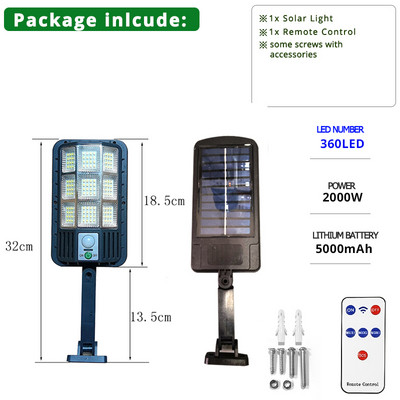 2000 W napelemes kültéri lámpa 360 COB Erőteljes napelemes lámpa mozgásérzékelő, 3 üzemmódú vízálló napelemes kerti utcai lámpa