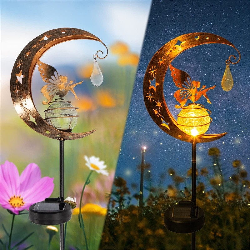 Fairy Solar Light lempa Lauko LED šviesa Metalinis mėnulio angelas Statulėlės Vejos peizažas kiemo takui Sodo puošmena Skulptūra