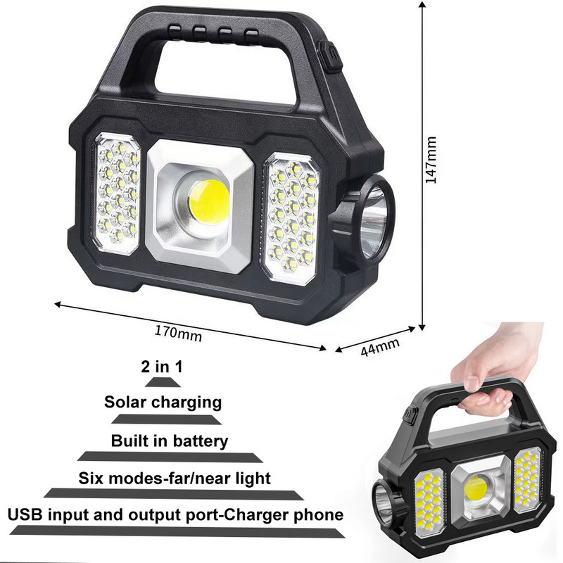 Lanternă reîncărcabilă de 500 lm, rezistentă la apă, cu 6 trepte, lanternă portabilă puternică, încărcare solară USB pentru drumeții în camping