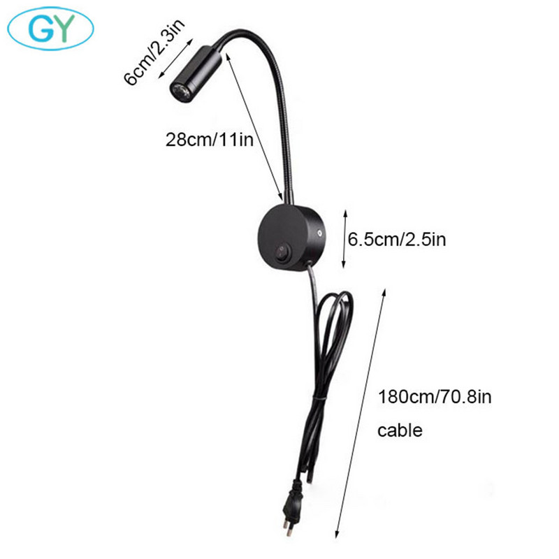 Kištukas Laidinis, lankstus 3 vatai, 3 W, žąsies kaklelio diodinis sieninis šviestuvas, skirtas miegamojo skaitymui Vonios kambaryje su kištuku, juodai baltas