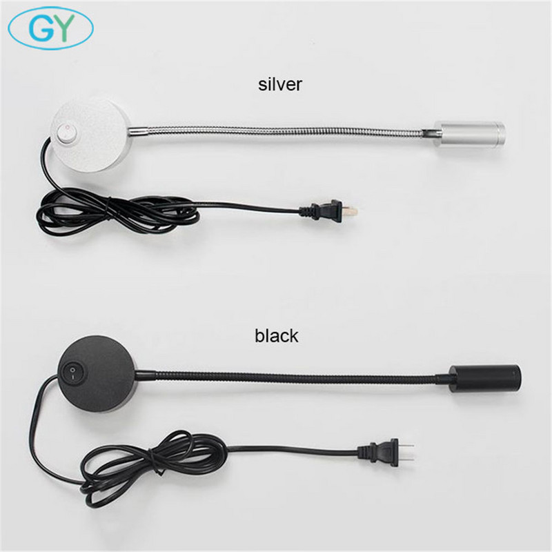 Kištukas Laidinis, lankstus 3 vatai, 3 W, žąsies kaklelio diodinis sieninis šviestuvas, skirtas miegamojo skaitymui Vonios kambaryje su kištuku, juodai baltas