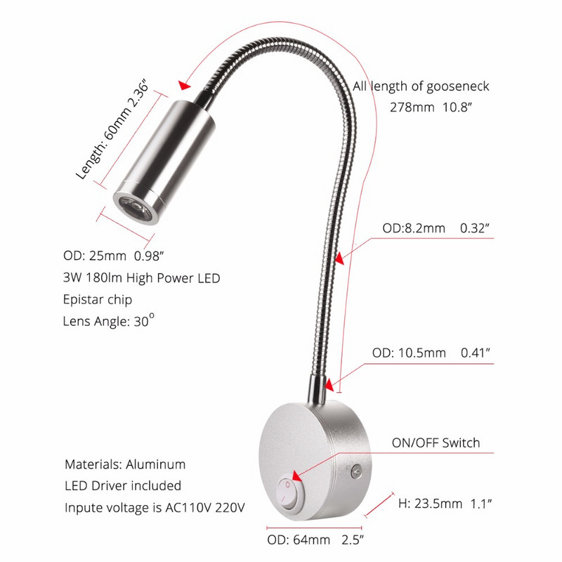 Sieninė lempa 3W Namų viešbutis Loft prie lovos skaitymo knyga Juoda sidabrinė lemputė Lankstus įjungimo/išjungimo jungiklis 90-260V taškinė LED lemputė