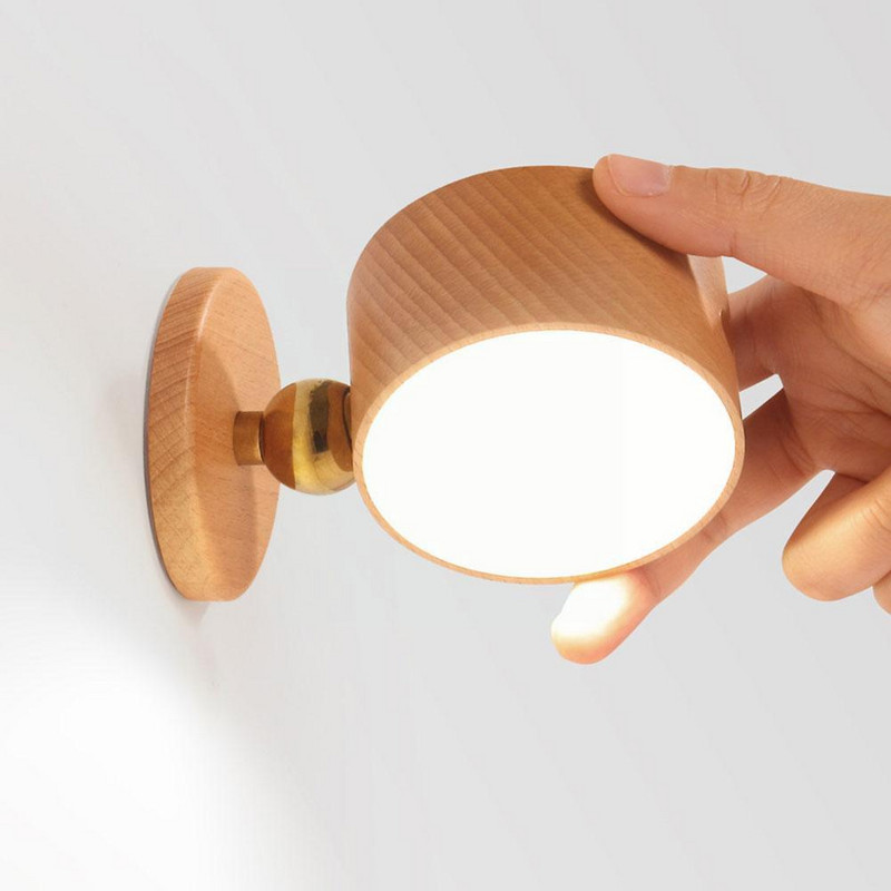 Szabályozható LED-es olvasólámpa újratölthető, 360°-ban forgatható, mágneses golyóslámpa vezérlő, fából készült, állítható éjjeliszekrény D8K8