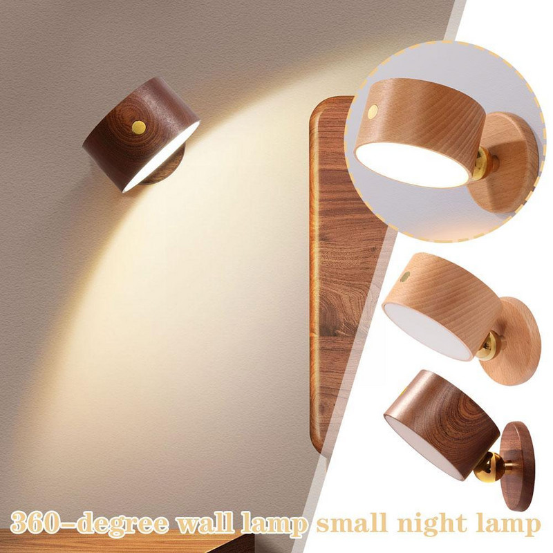 Szabályozható LED-es olvasólámpa újratölthető, 360°-ban forgatható, mágneses golyóslámpa vezérlő, fából készült, állítható éjjeliszekrény D8K8