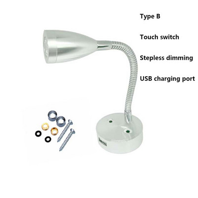 Lampă de lectură cu LED pentru barcă RV, lampă de perete cu gât de gâscă, reglabilă, flexibilă, DC12V 24V, pentru camion, caravana, iahturi, cabină cu port pentru încărcător USB