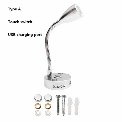 Lampă de lectură cu LED pentru barcă RV, lampă de perete cu gât de gâscă, reglabilă, flexibilă, DC12V 24V, pentru camion, caravana, iahturi, cabină cu port pentru încărcător USB