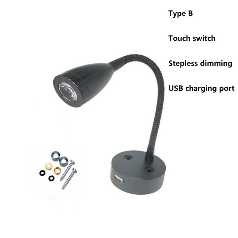 Lampă de lectură cu LED pentru barcă RV, lampă de perete cu gât de gâscă, reglabilă, flexibilă, DC12V 24V, pentru camion, caravana, iahturi, cabină cu port pentru încărcător USB