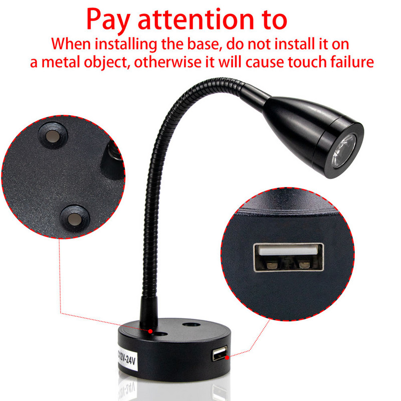 Lampă de lectură cu LED pentru barcă RV, lampă de perete cu gât de gâscă, reglabilă, flexibilă, DC12V 24V, pentru camion, caravana, iahturi, cabină cu port pentru încărcător USB