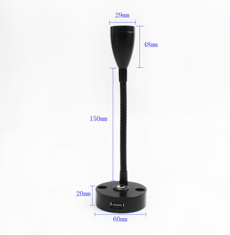 Lampă de lectură cu LED pentru barcă RV, lampă de perete cu gât de gâscă, reglabilă, flexibilă, DC12V 24V, pentru camion, caravana, iahturi, cabină cu port pentru încărcător USB