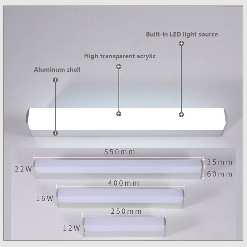 Lămpi moderne cu LED-uri de perete pentru baie oglindă 12W 16W 22W AC85-265V AcrylicTube Applique pentru machiaj Corpuri de iluminat