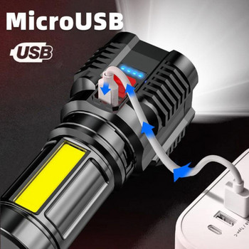 Φακός LED USB Επαναφορτιζόμενος Super Bright εξωτερικού χώρου Πολυλειτουργικός αδιάβροχος Spotlight 4 Λειτουργίες